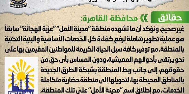 الحكومة تنفي تهجير أهالي “مدينة الأمل” “عزبة الهجانة” سابقاً من منازلهم